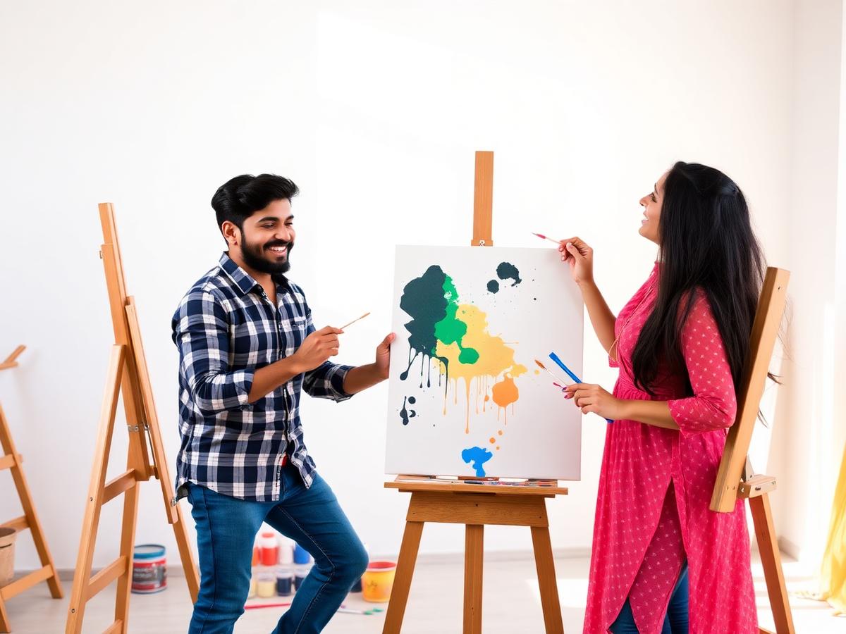 Couple painting a canvas together during a creative couple photoshoot in Kolkata