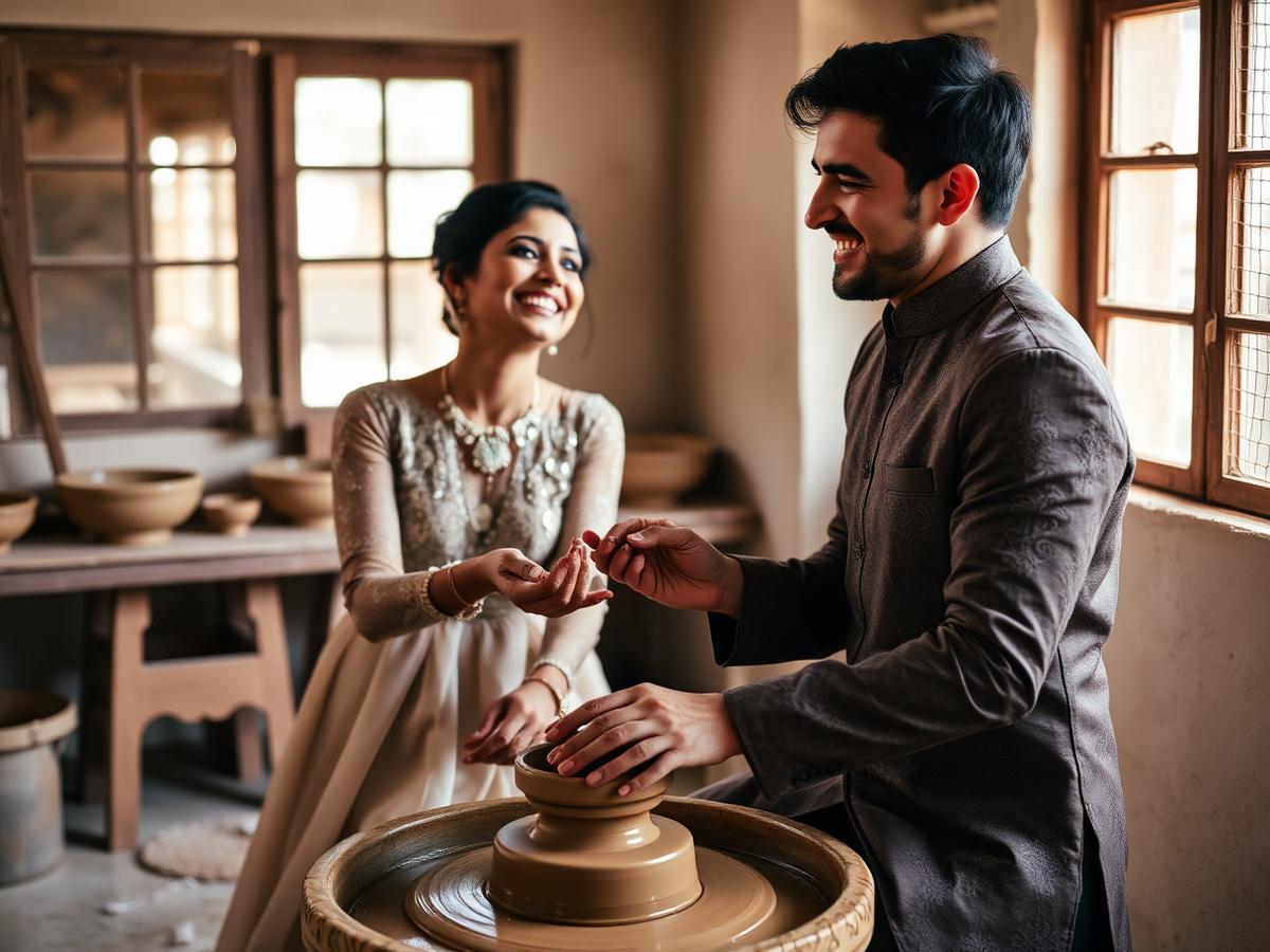 Couple sitting together at a pottery wheel during a pre-wedding shoot in Kolkata