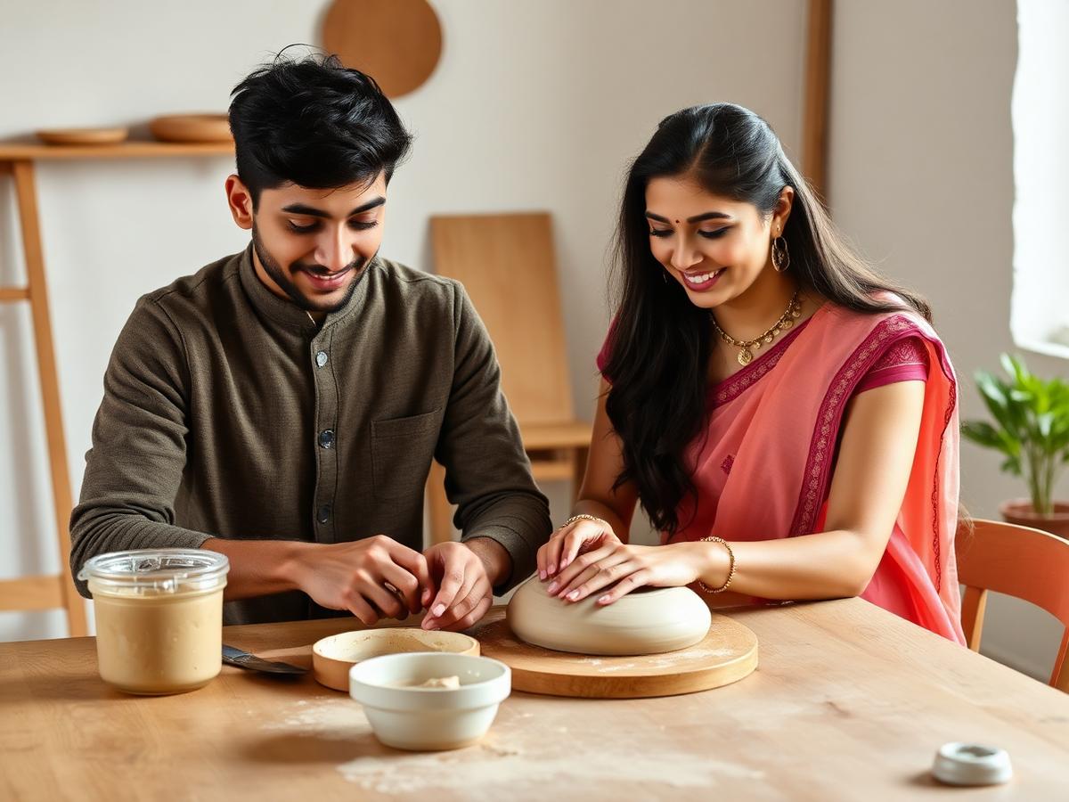 Couple shaping clay by hand together at a studio table in Kolkata